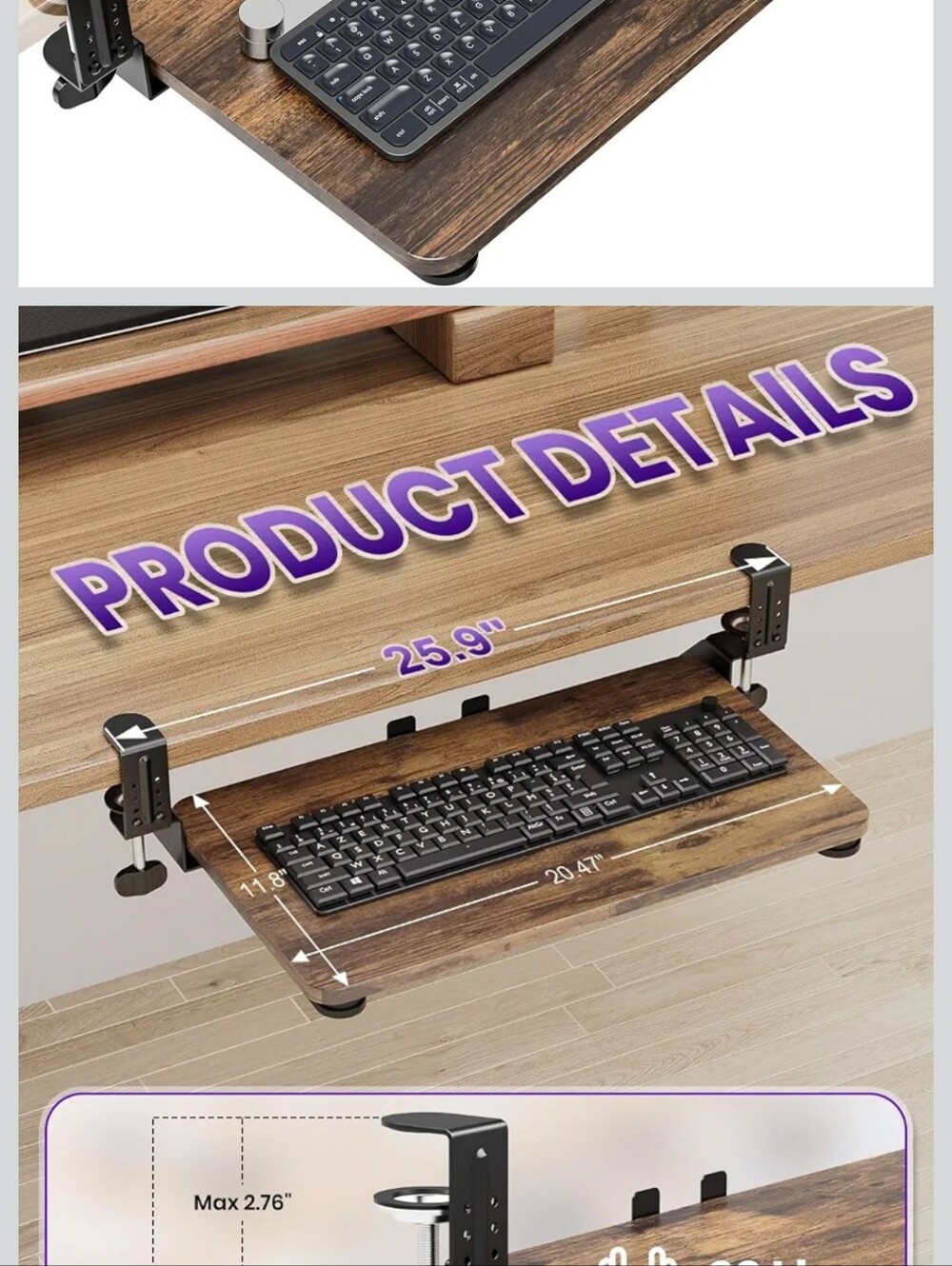 Ergonomic Under-Desk Keyboard Tray with Wood Finish - Brown - Picture 4 of 4